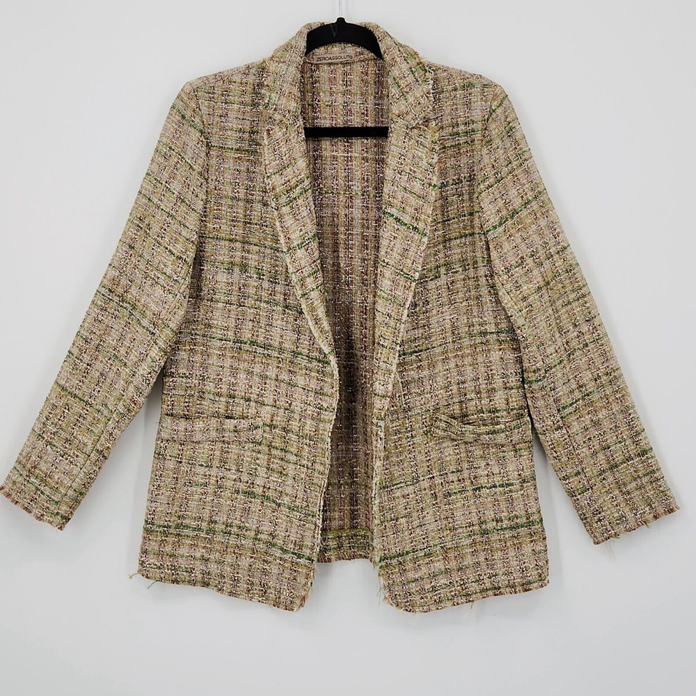 Women's Metallic Gold Beige Green Fringe Tweed Blazer Casual Cut Preppy Chic Med
